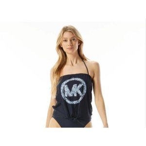 NEW Michael Michael Kors Tie Front Tankini Top Size M Shibori Logo Blue